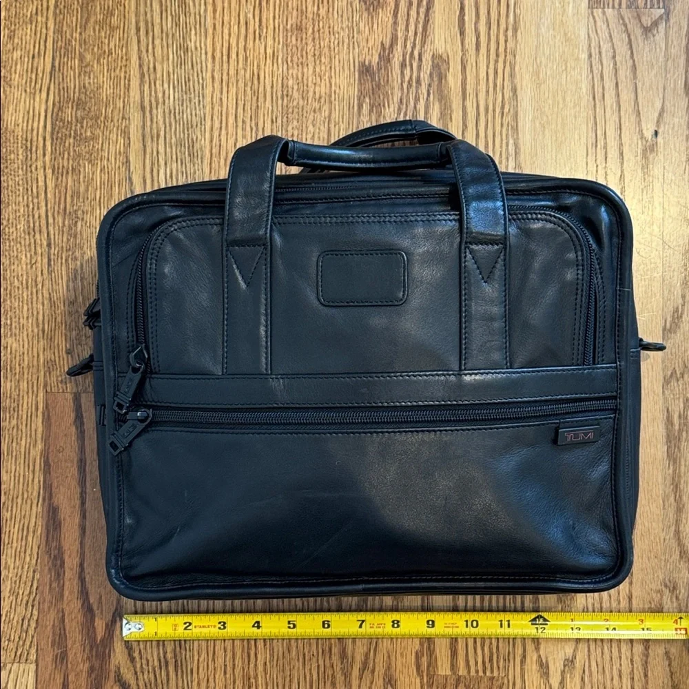 TUMI | Alpha Leather Briefcase | Black Multi-Zip Laptop Bag | OS